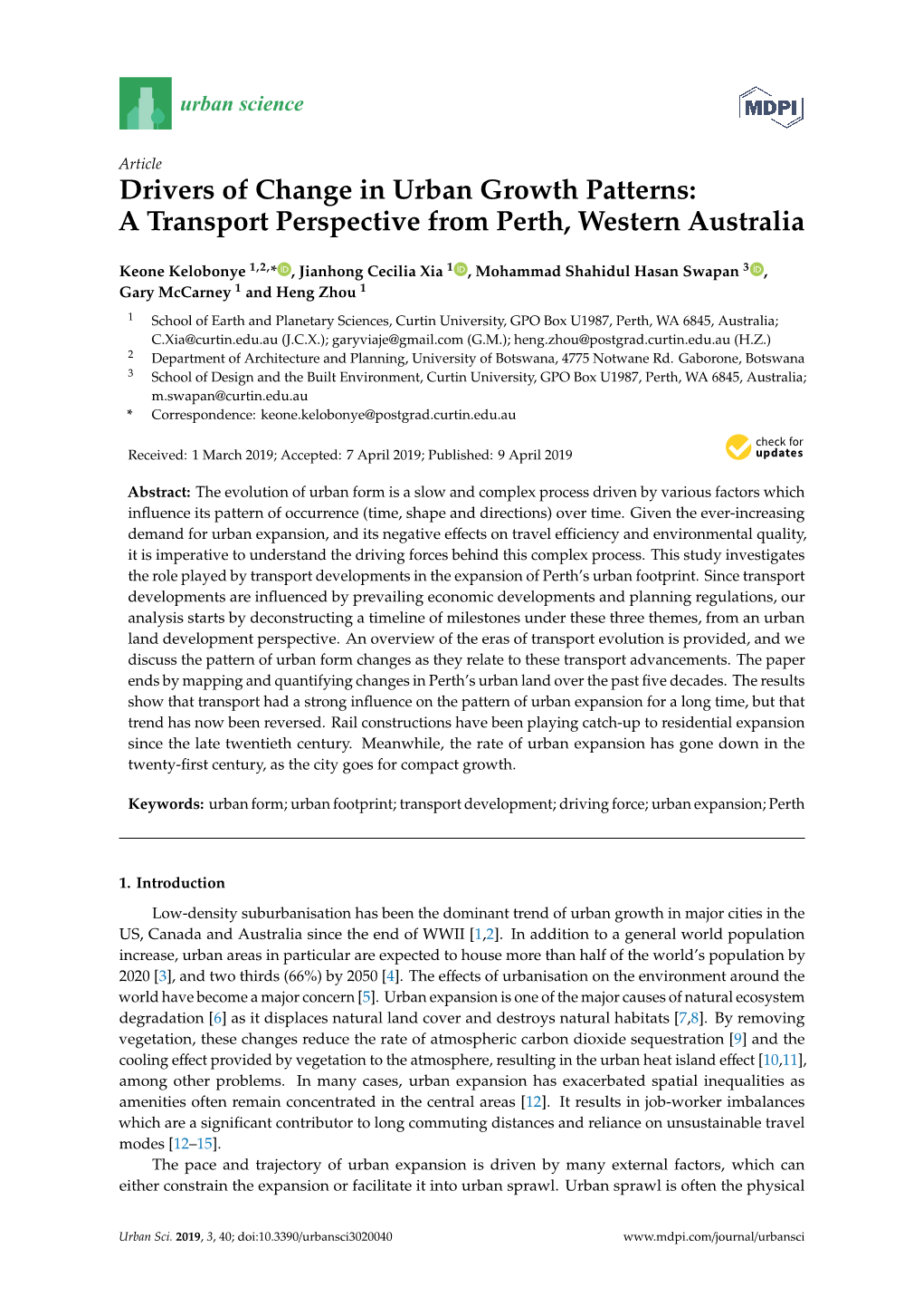 Drivers of Change in Urban Growth Patterns: a Transport Perspective from Perth, Western Australia