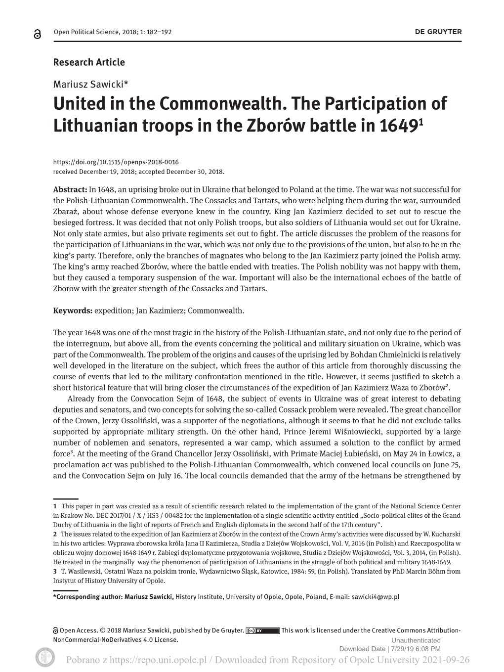 United in the Commonwealth. the Participation of Lithuanian Troops in the Zborów Battle in 16491