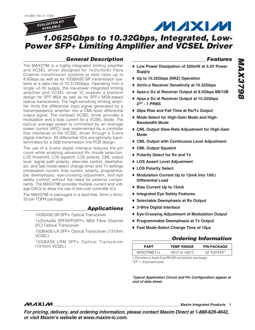 Power SFP+ Limiting Amplifier and VCSEL Driver