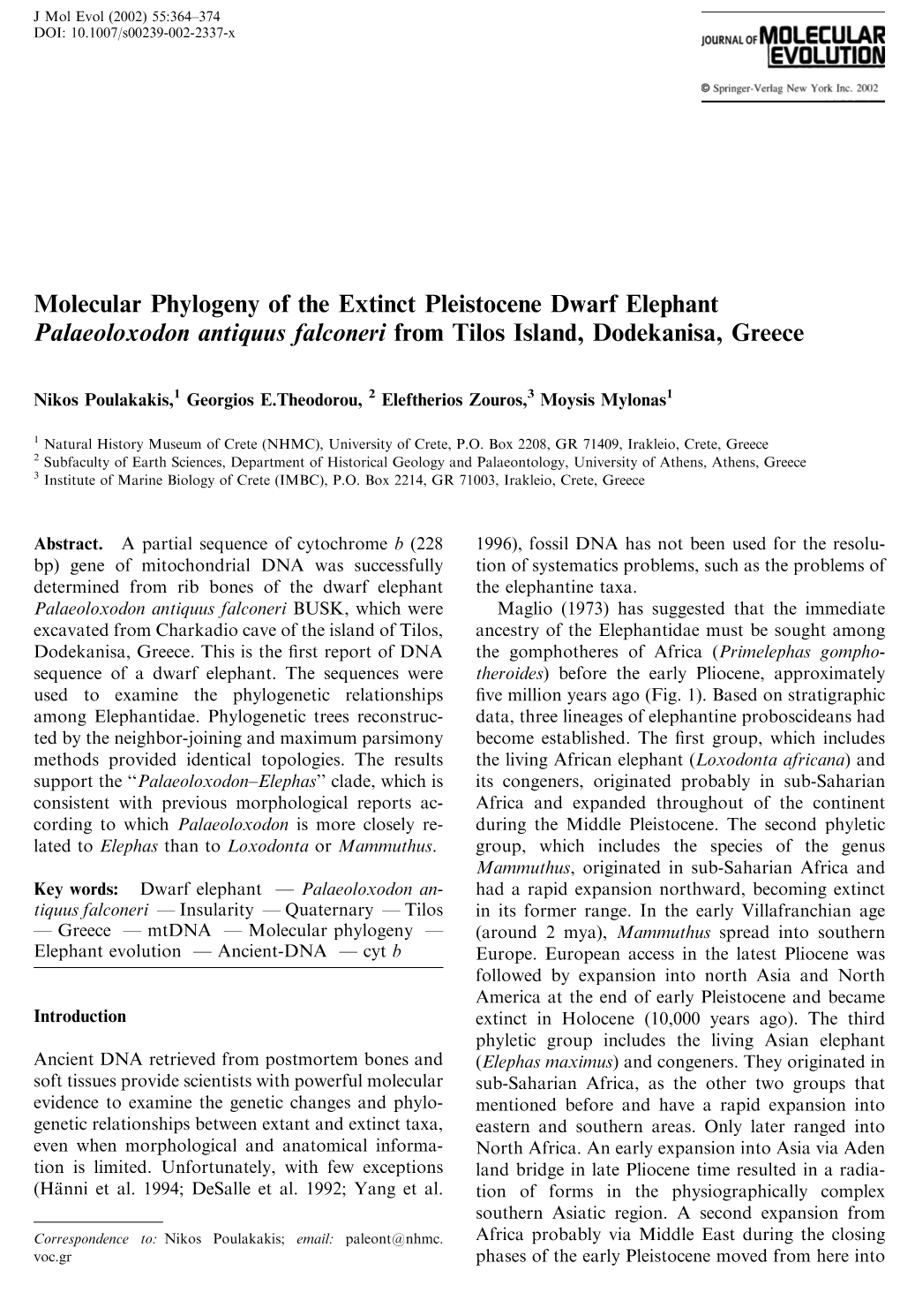 Molecular Phylogeny of the Extinct Pleistocene Dwarf Elephant Palaeoloxodon Antiquus Falconeri from Tilos Island, Dodekanisa, Greece