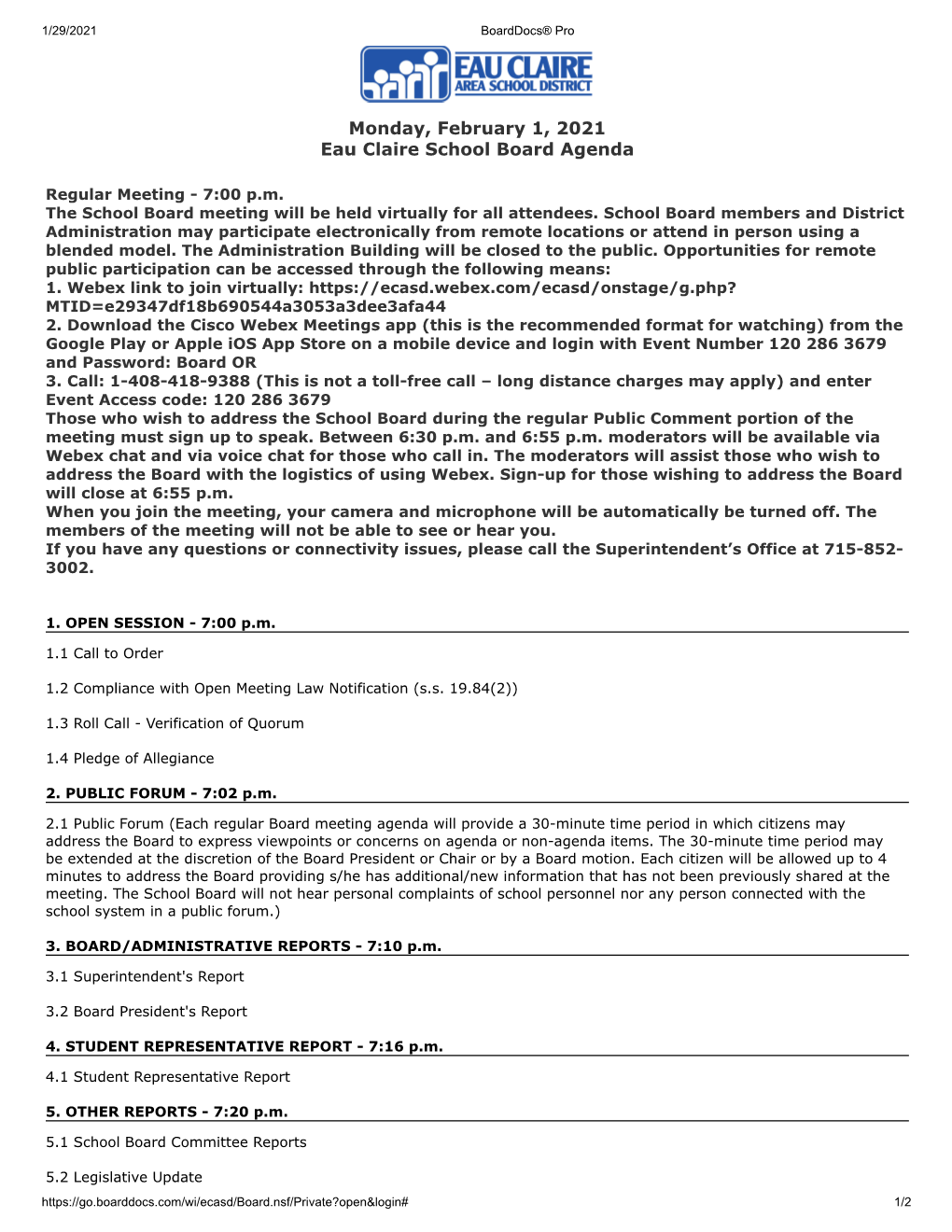 Monday, February 1, 2021 Eau Claire School Board Agenda