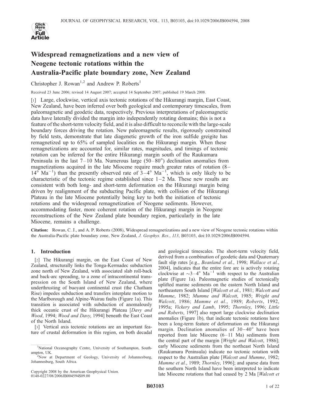 Widespread Remagnetizations and a New View of Neogene Tectonic Rotations Within the Australia-Pacific Plate Boundary Zone, New Zealand Christopher J