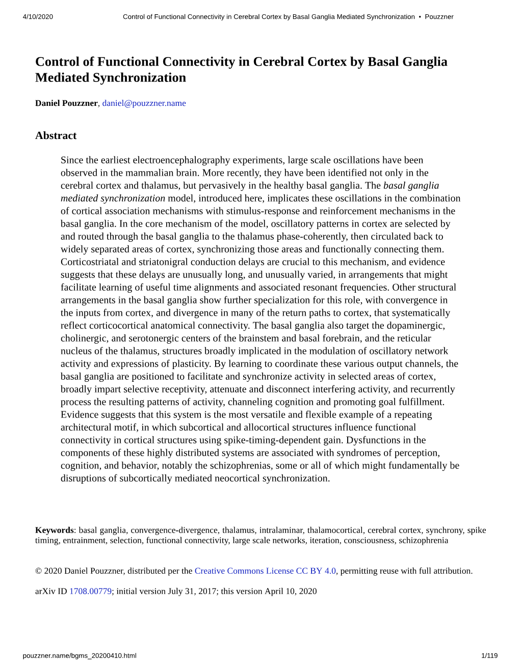 Control of Functional Connectivity in Cerebral Cortex by Basal Ganglia Mediated Synchronization • Pouzzner