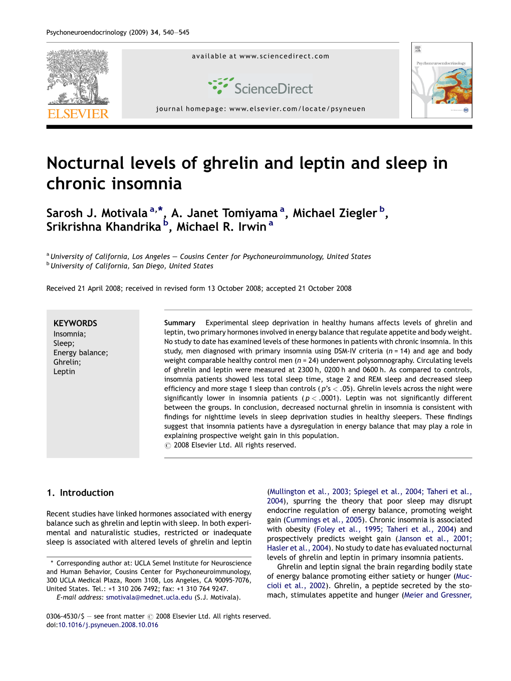 Nocturnal Levels of Ghrelin and Leptin and Sleep in Chronic Insomnia