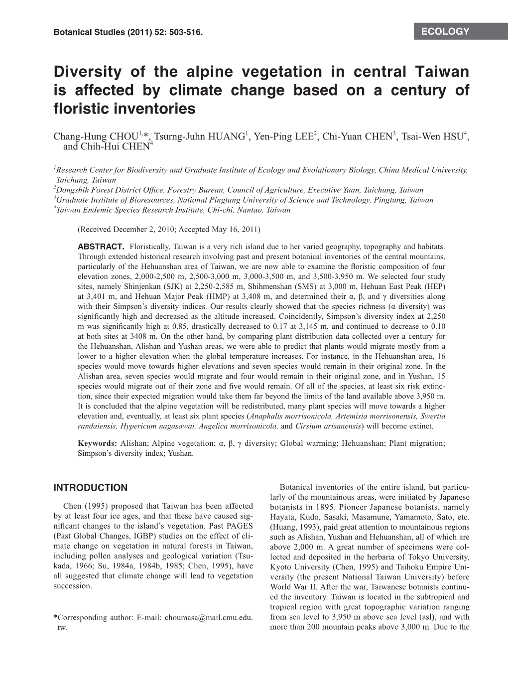 Diversity of the Alpine Vegetation in Central Taiwan Is Affected by Climate Change Based on a Century of Floristic Inventories