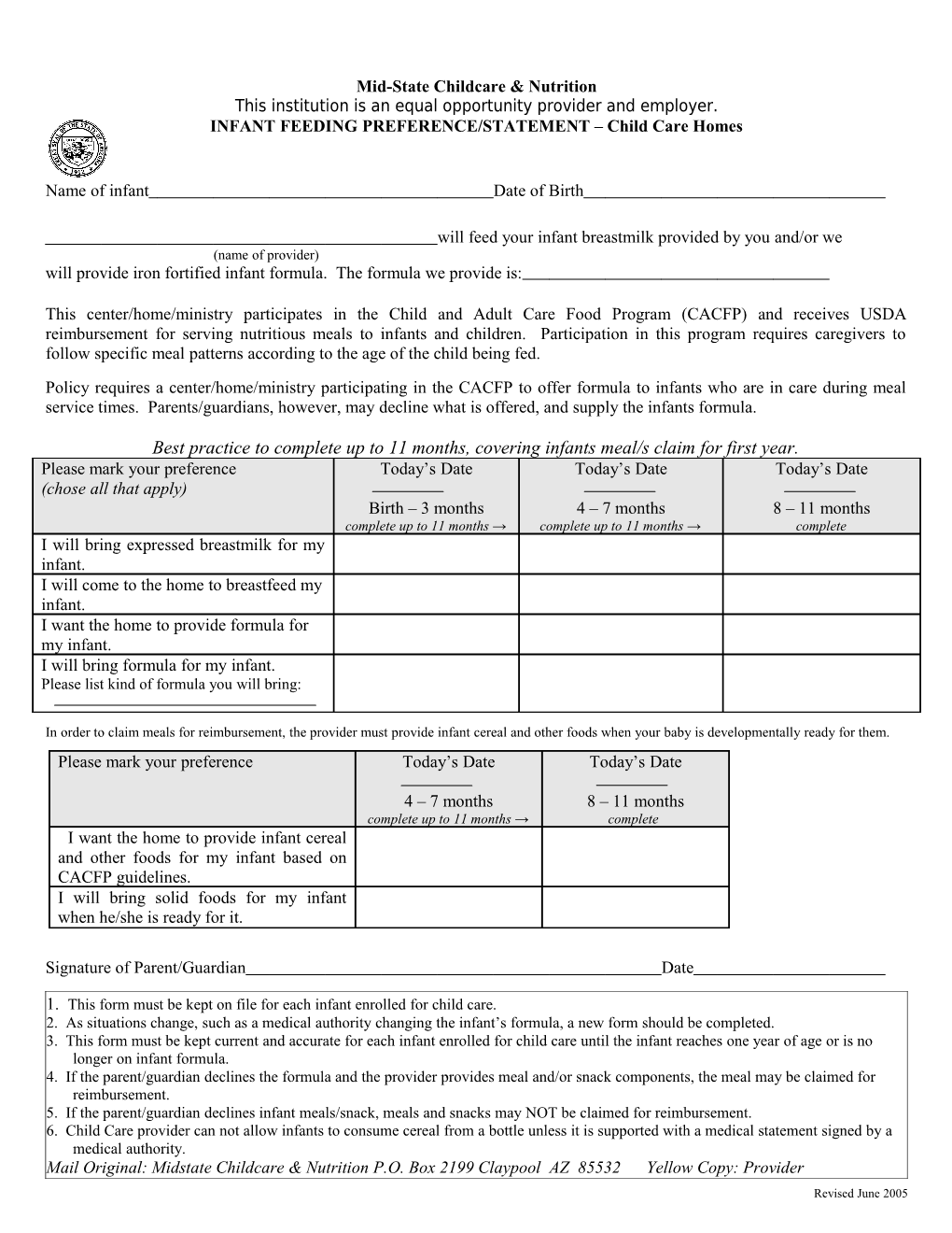 CACFP INFANT FEEDING PREFERENCE Child Care Homes