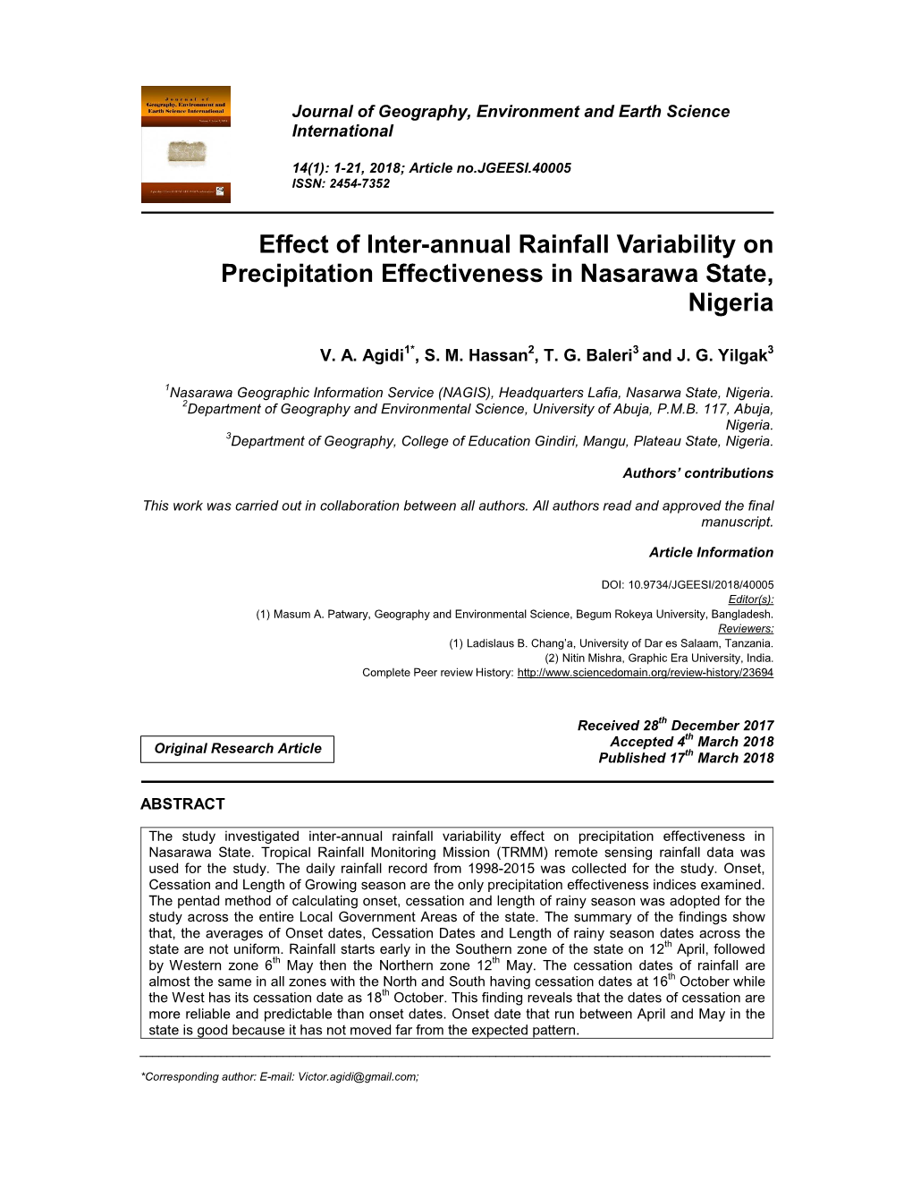 Effect of Inter-Annual Rainfall Variability on Precipitation Effectiveness in Nasarawa State, Nigeria