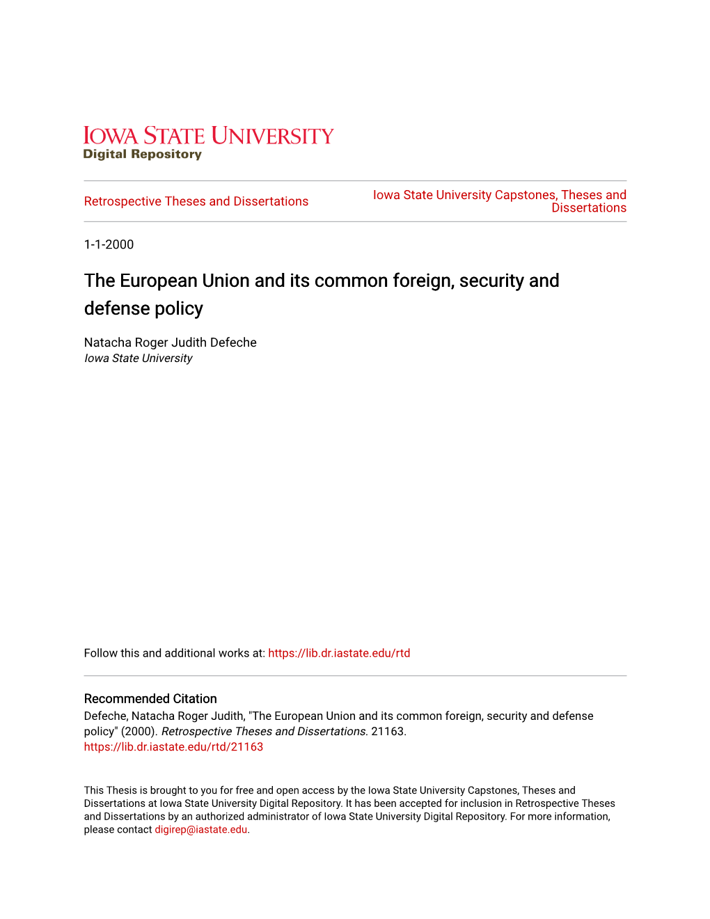 The European Union and Its Common Foreign, Security and Defense Policy