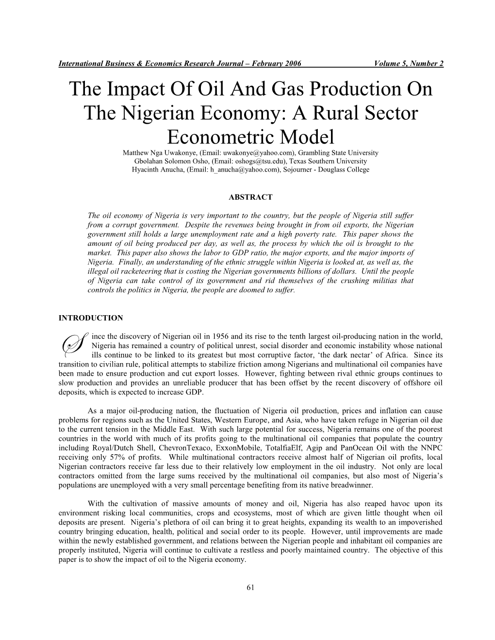 The Impact of Oil Production on the Nigerian Economy