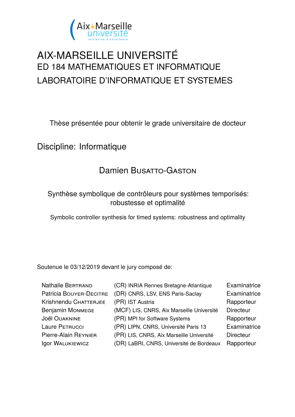 Aix-Marseille Université Ed 184 Mathematiques Et Informatique Laboratoire D’Informatique Et Systemes