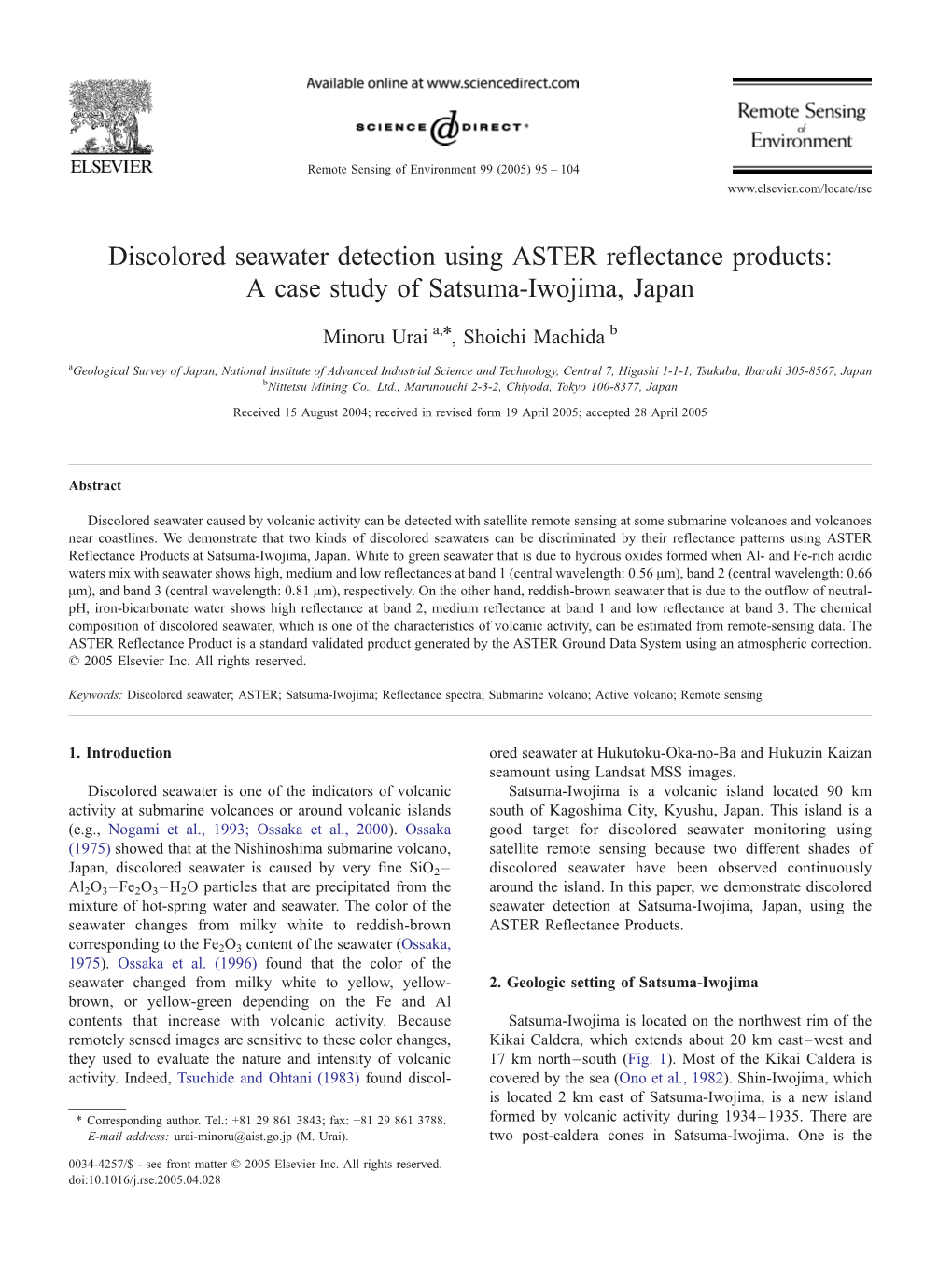 Discolored Seawater Detection Using ASTER Reflectance Products: a Case Study of Satsuma-Iwojima, Japan