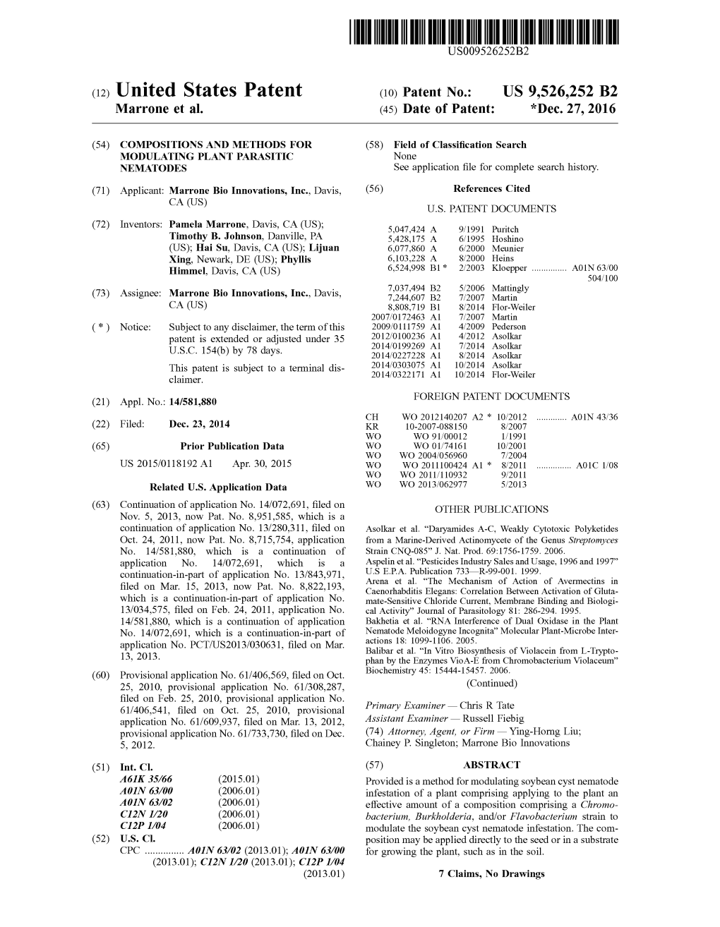 (12) United States Patent (10) Patent No.: US 9,526,252 B2 Marrone Et Al