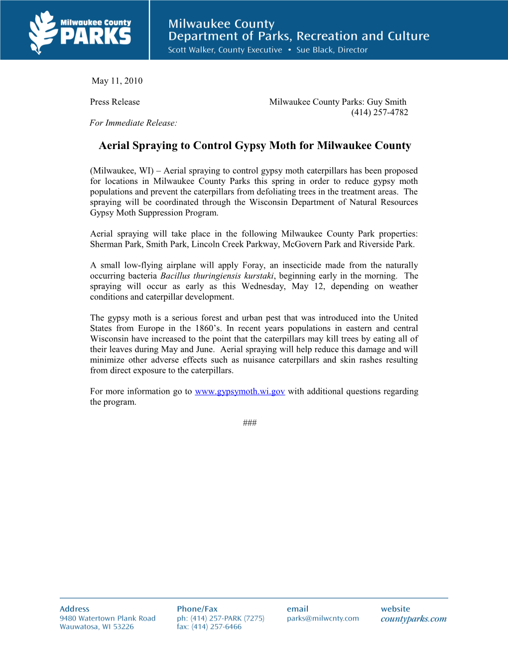 Press Release Milwaukee County Parks: Guy Smith