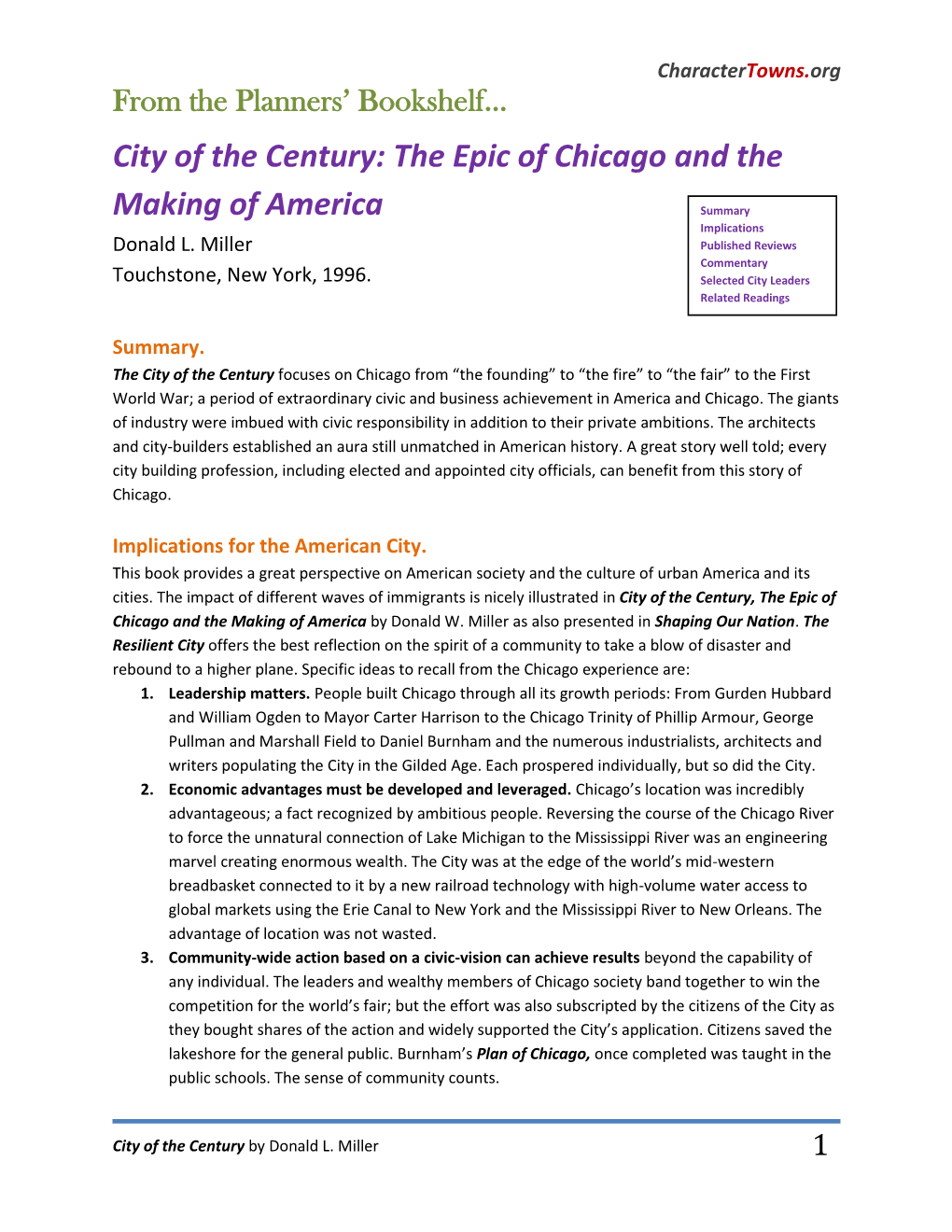 City of the Century: the Epic of Chicago and the Making of America, Miller, Donald L, Touchstone, New York, 1996