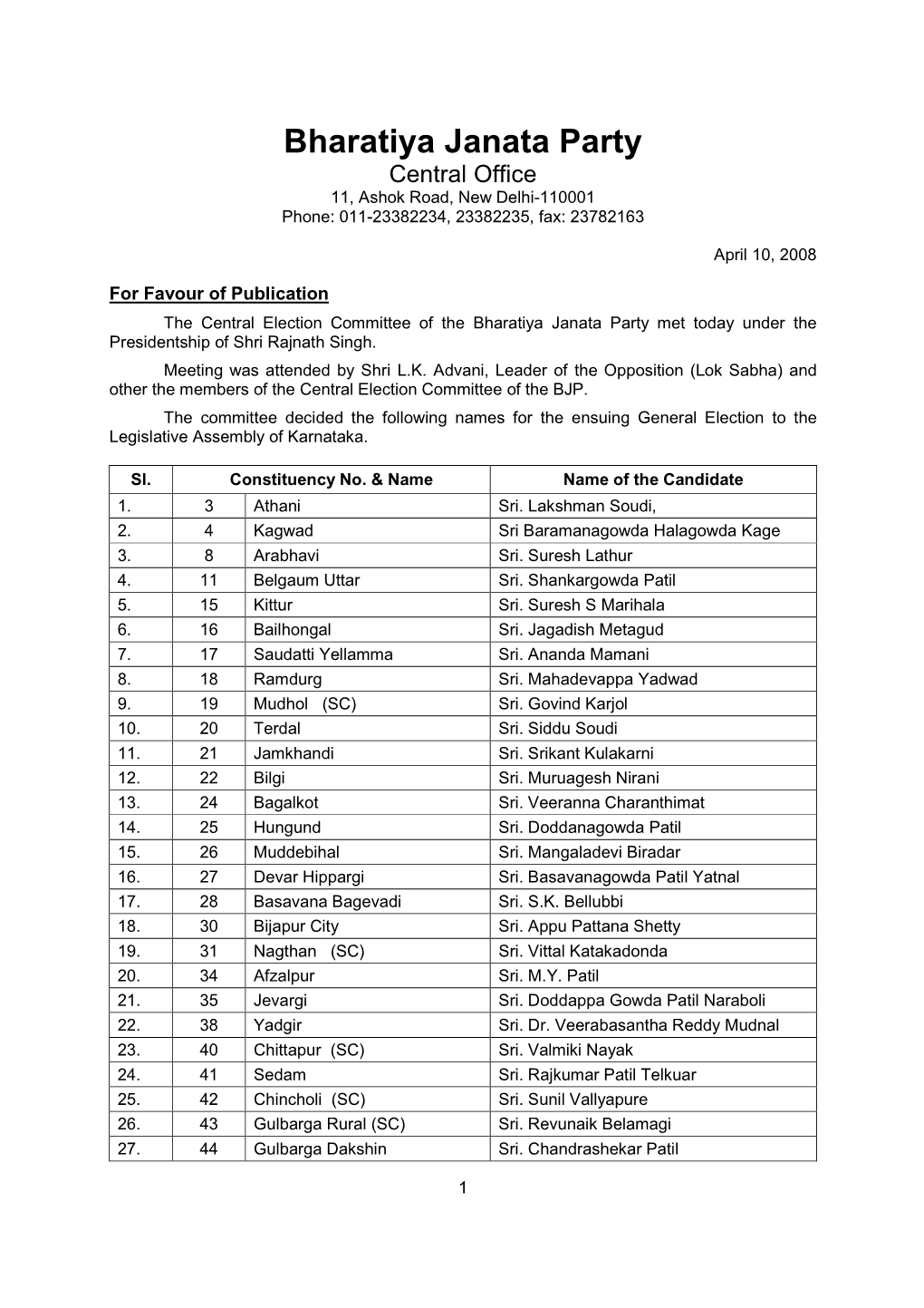 Candidate List of Karnataka Assembly April 2008
