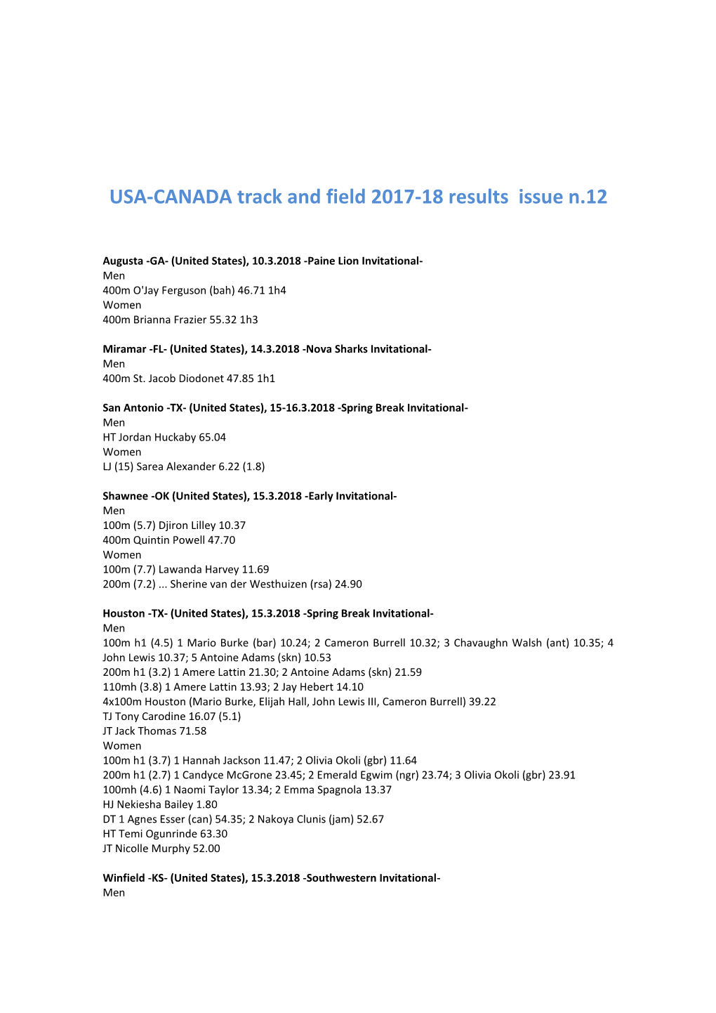 USA-CANADA Track and Field 2017-18 Results Issue N.12