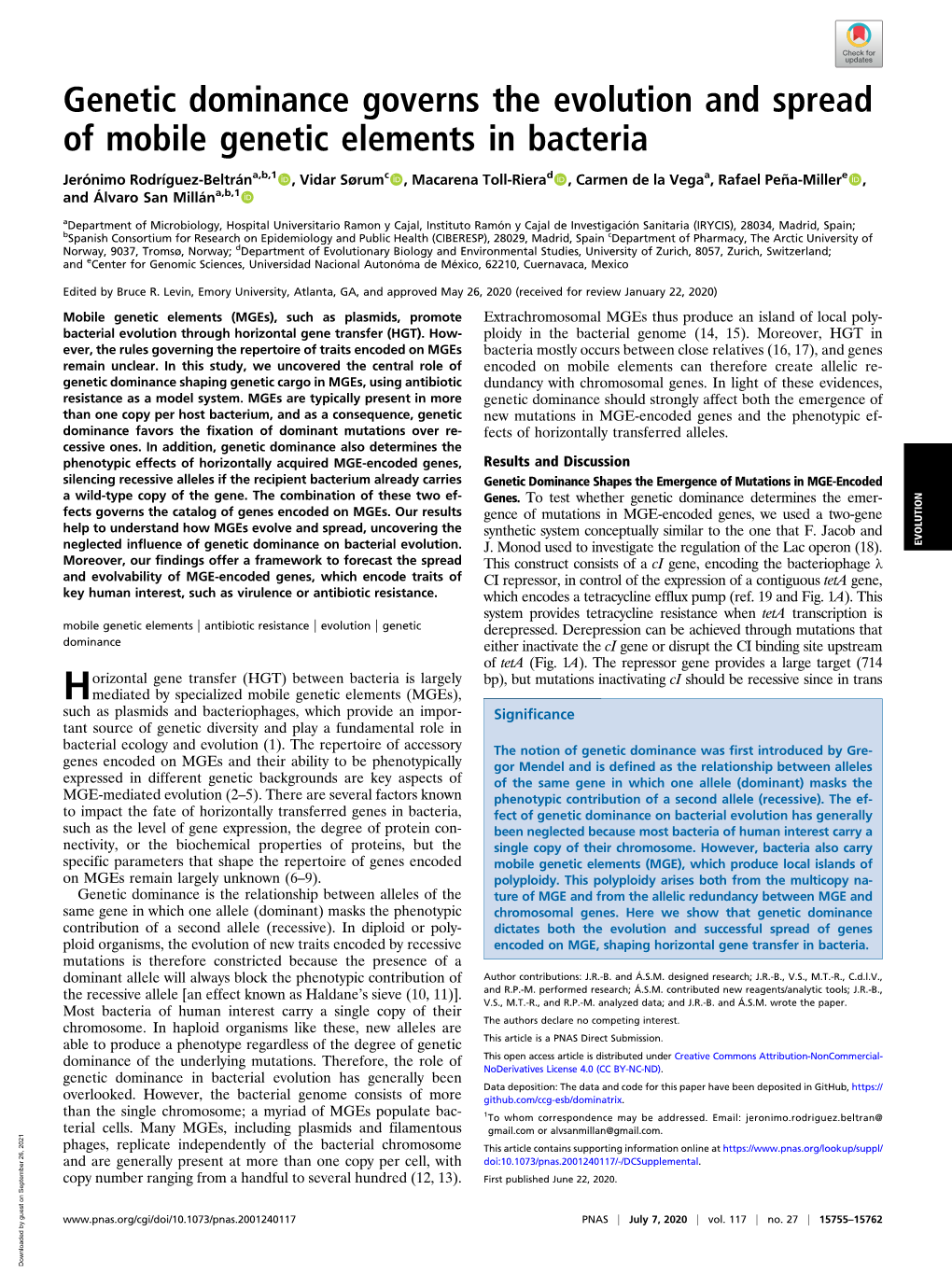 Genetic Dominance Governs the Evolution and Spread of Mobile Genetic Elements in Bacteria