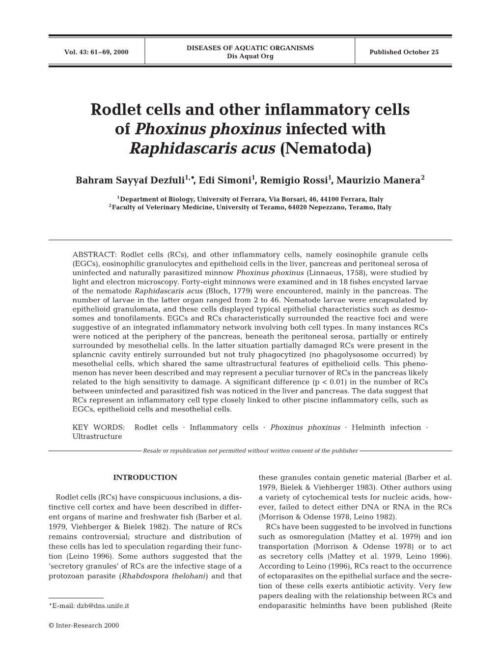 Rodlet Cells and Other Inflammatory Cells of Phoxinus Phoxinus Infected with Raphidascaris Acus (Nematoda)