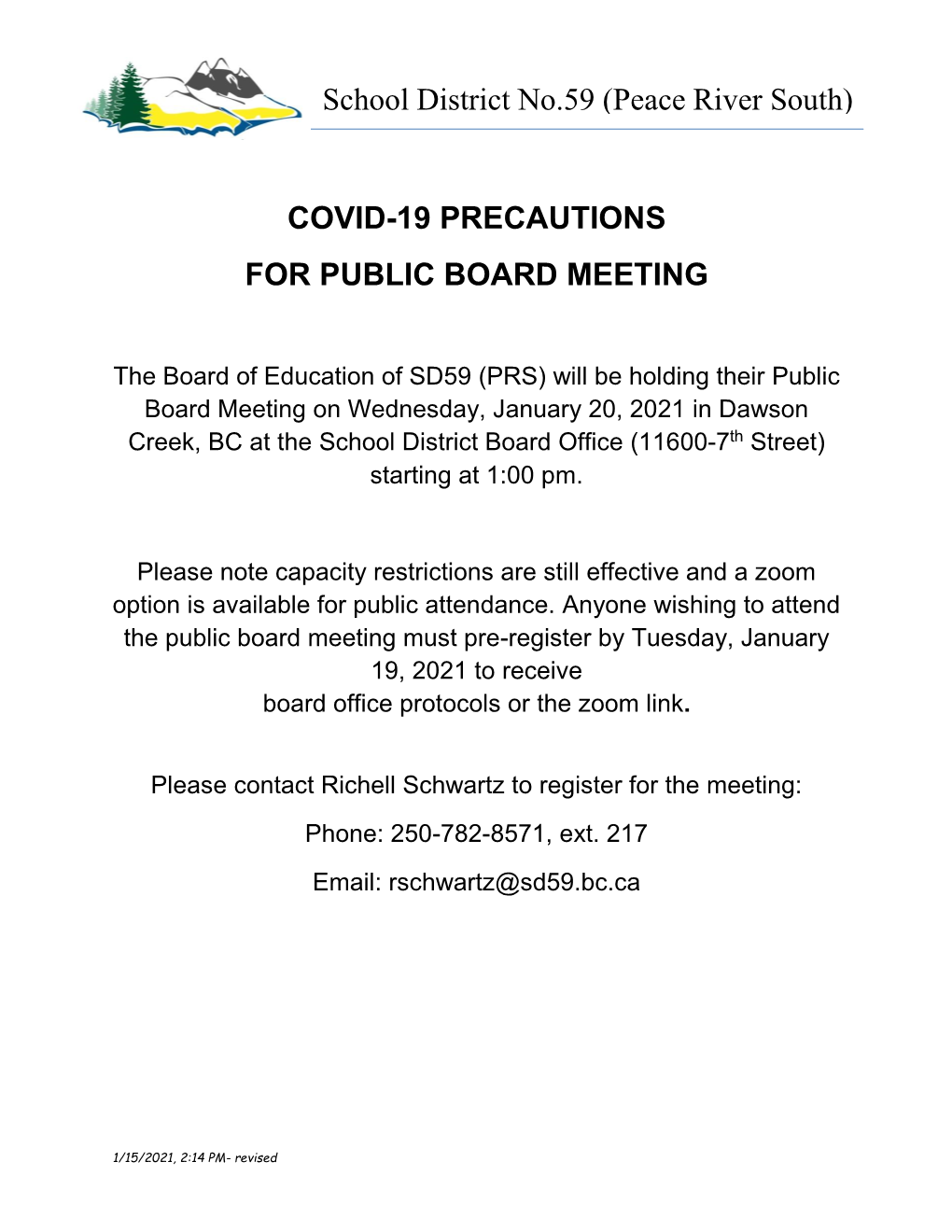 School District No.59 (Peace River South) COVID-19 PRECAUTIONS