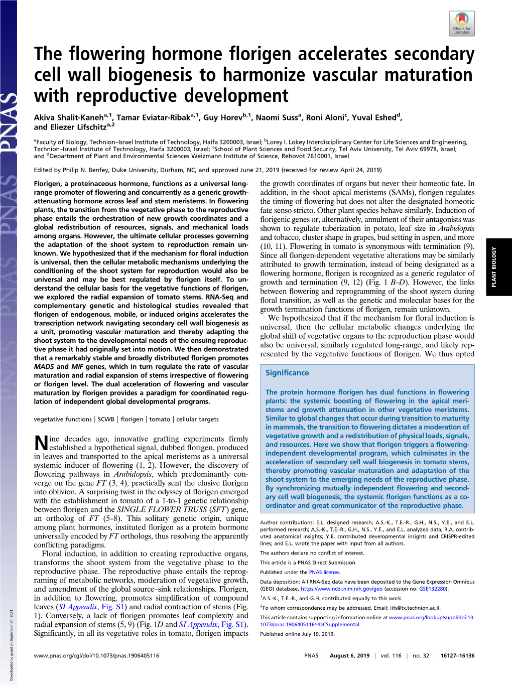 The Flowering Hormone Florigen Accelerates Secondary Cell Wall Biogenesis to Harmonize Vascular Maturation with Reproductive Development