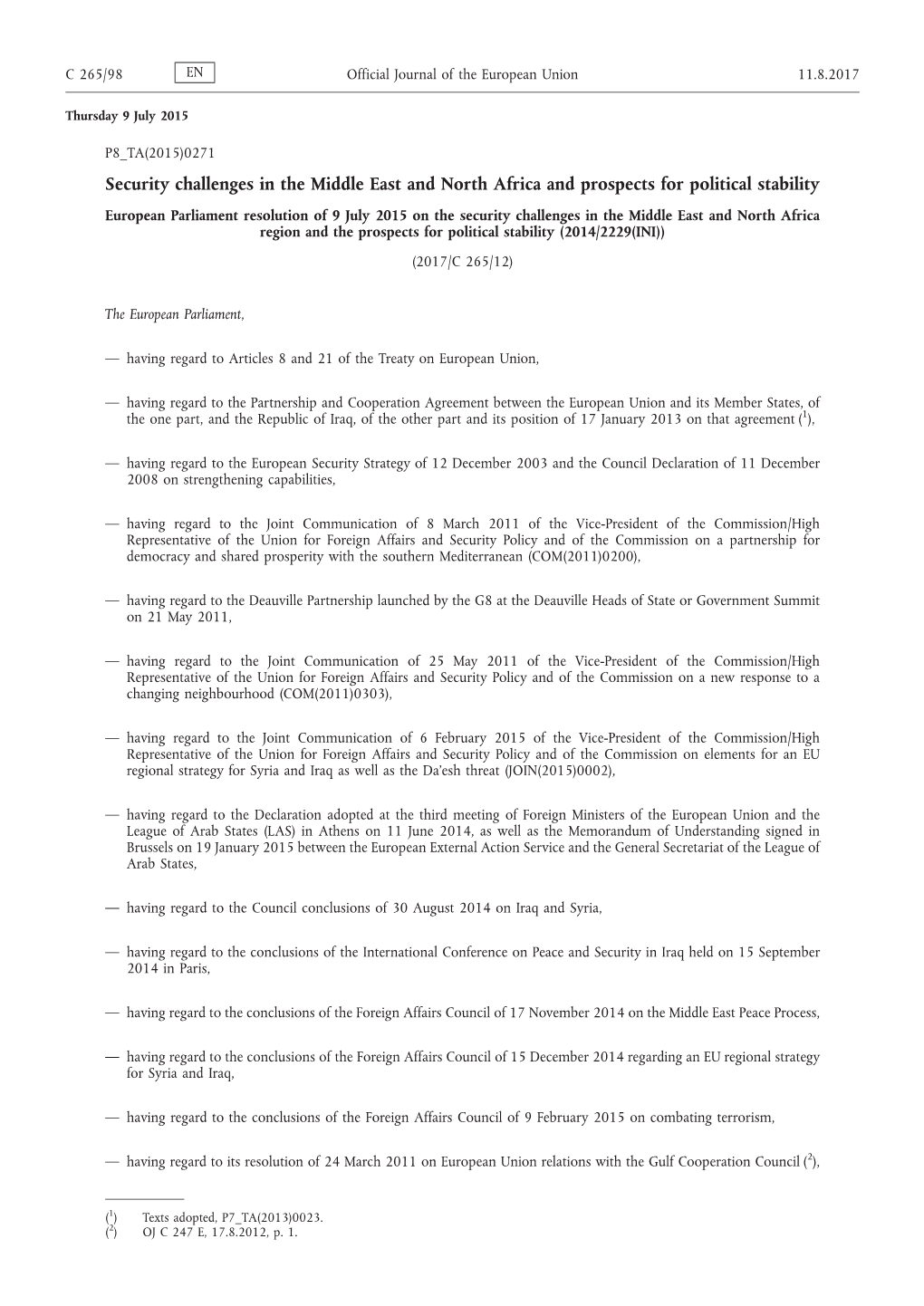 European Parliament Resolution of 9 July 2015 on the Security