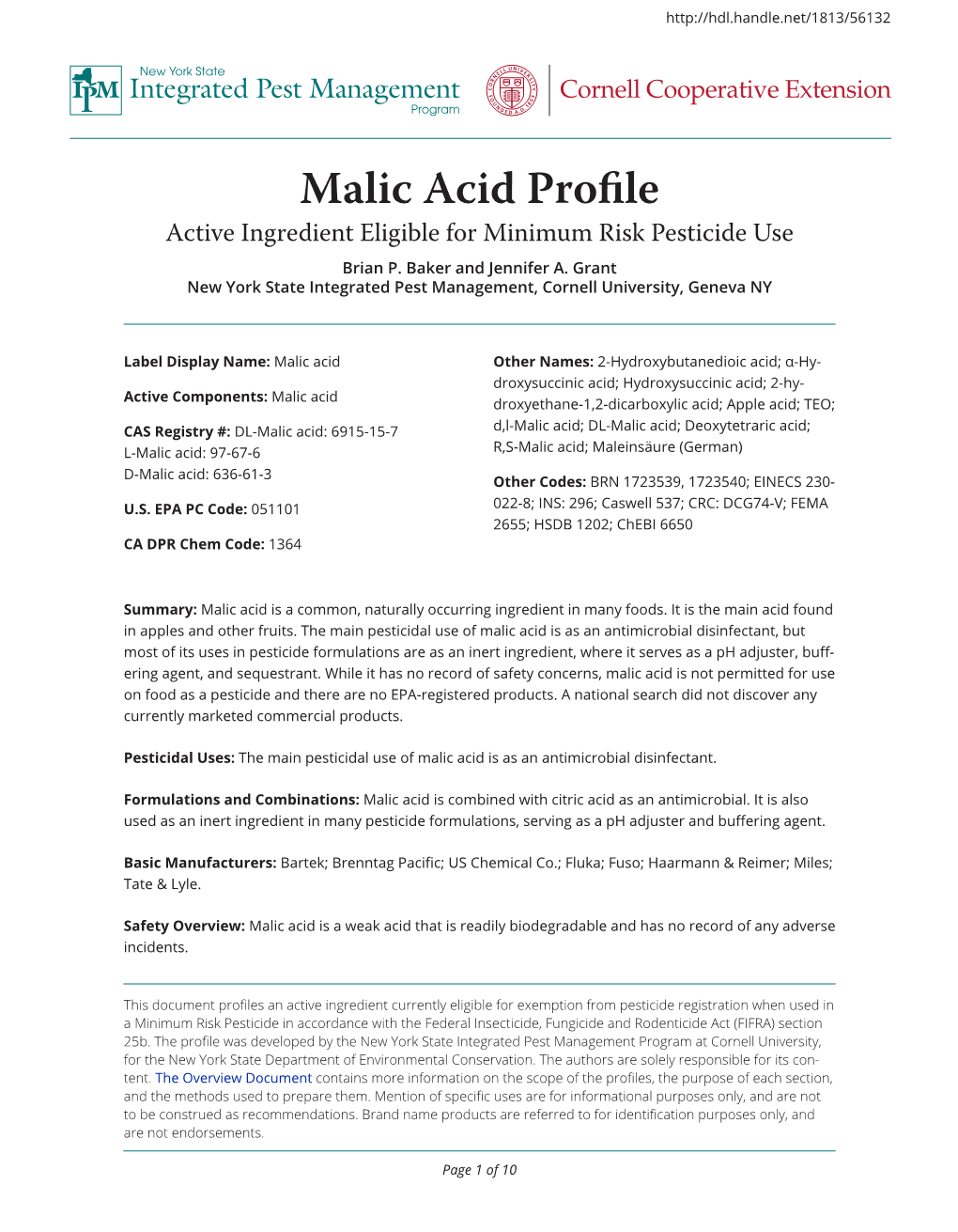 Malic Acid Profile Integrated Pest Management Cornell Cooperative Extension Program