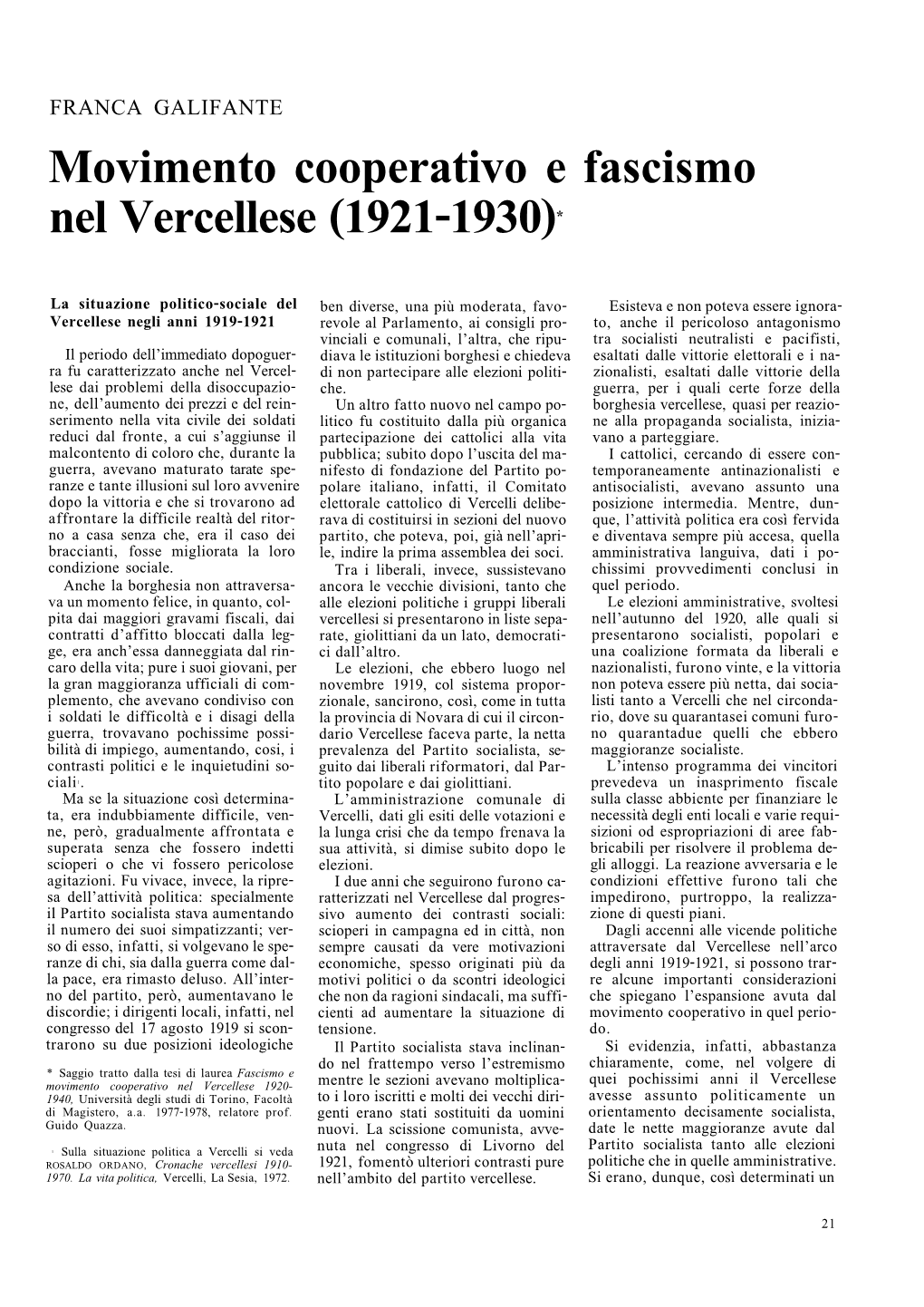 Movimento Cooperativo E Fascismo Nel Vercellese (1921-1930)*