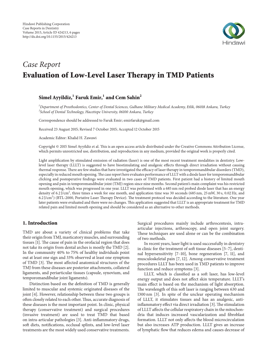 Case Report Evaluation of Low-Level Laser Therapy in TMD Patients