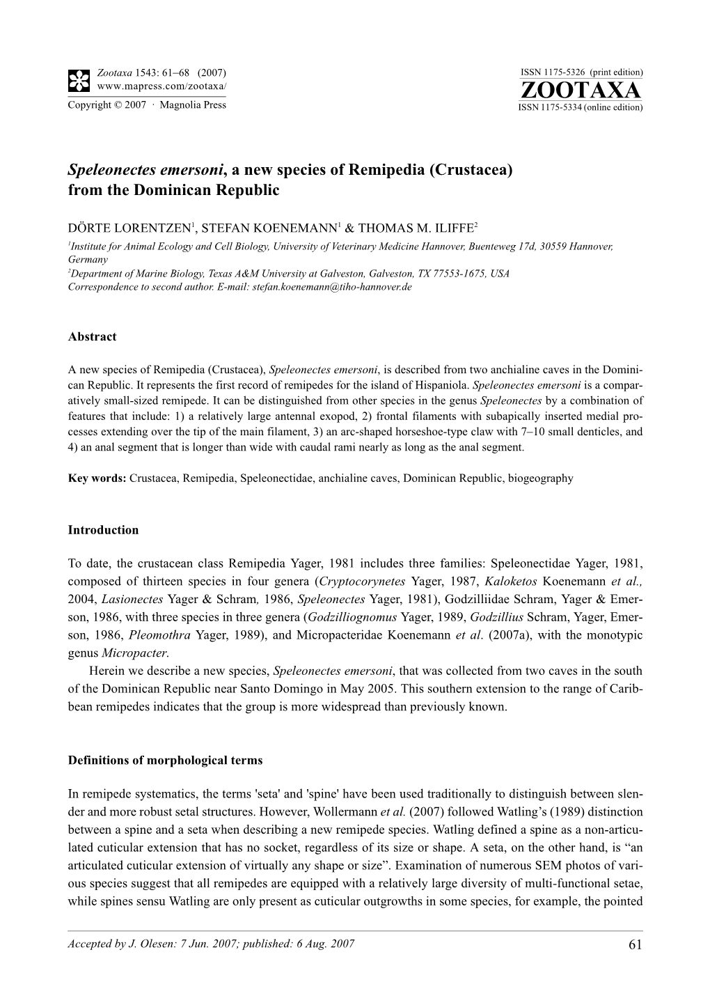 Zootaxa,Speleonectes Emersoni, a New Species of Remipedia