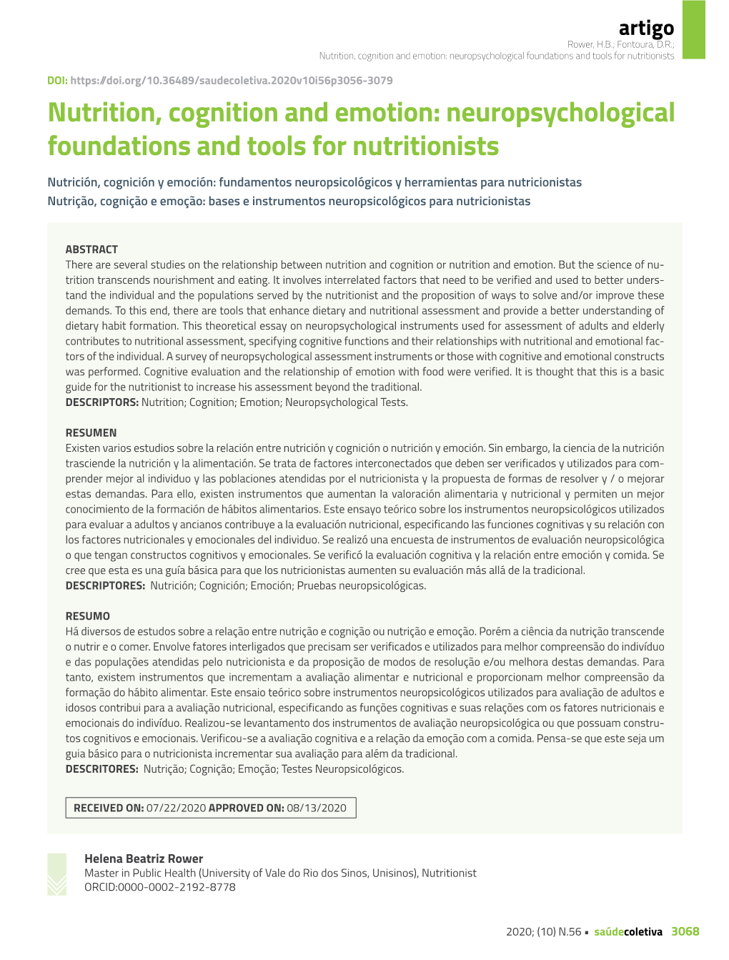 Nutrition, Cognition and Emotion: Neuropsychological Foundations and Tools for Nutritionists