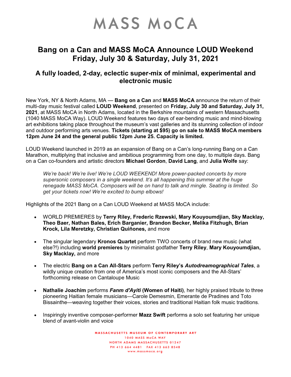 Bang on a Can and MASS Moca Announce LOUD Weekend Friday, July 30 & Saturday, July 31, 2021