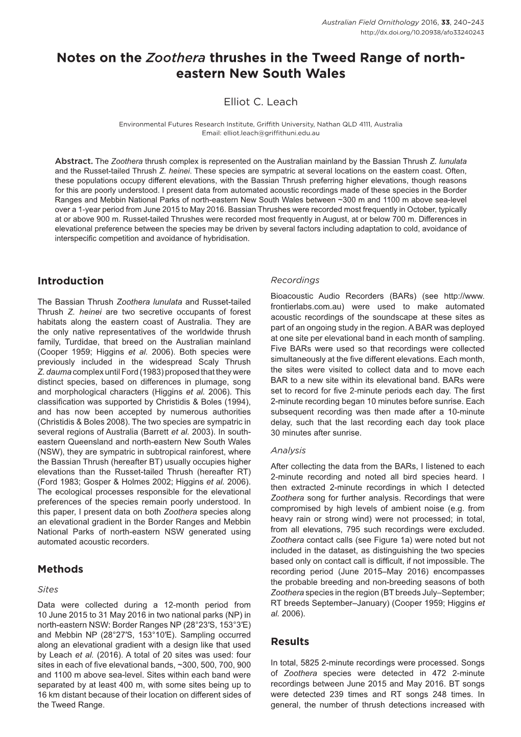 Notes on the Zoothera Thrushes in the Tweed Range of North- Eastern New South Wales