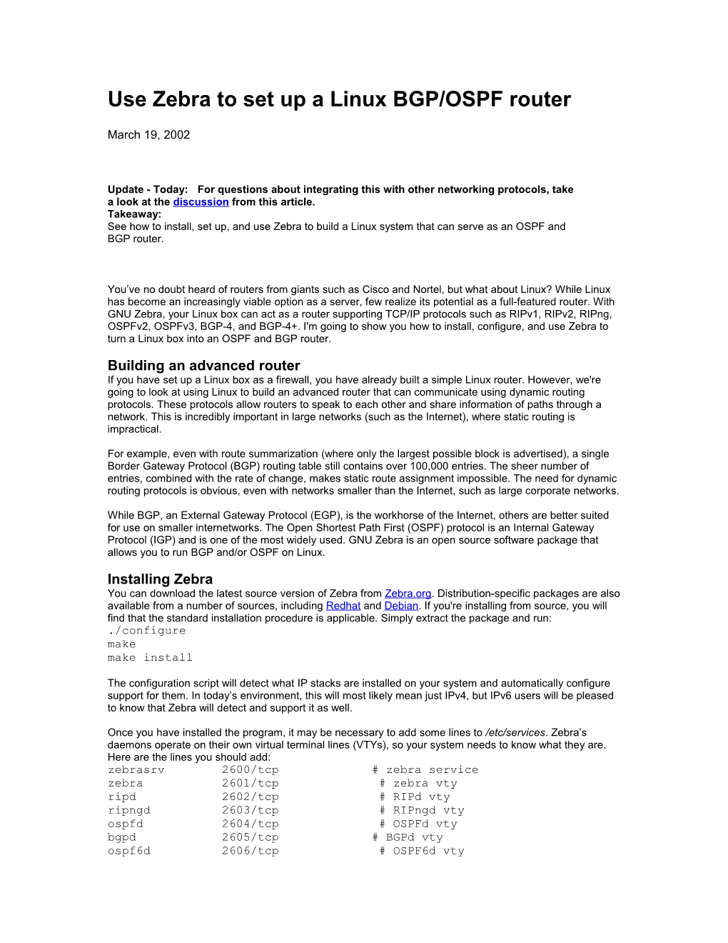 Use Zebra to Set up a Linux BGP/OSPF Router