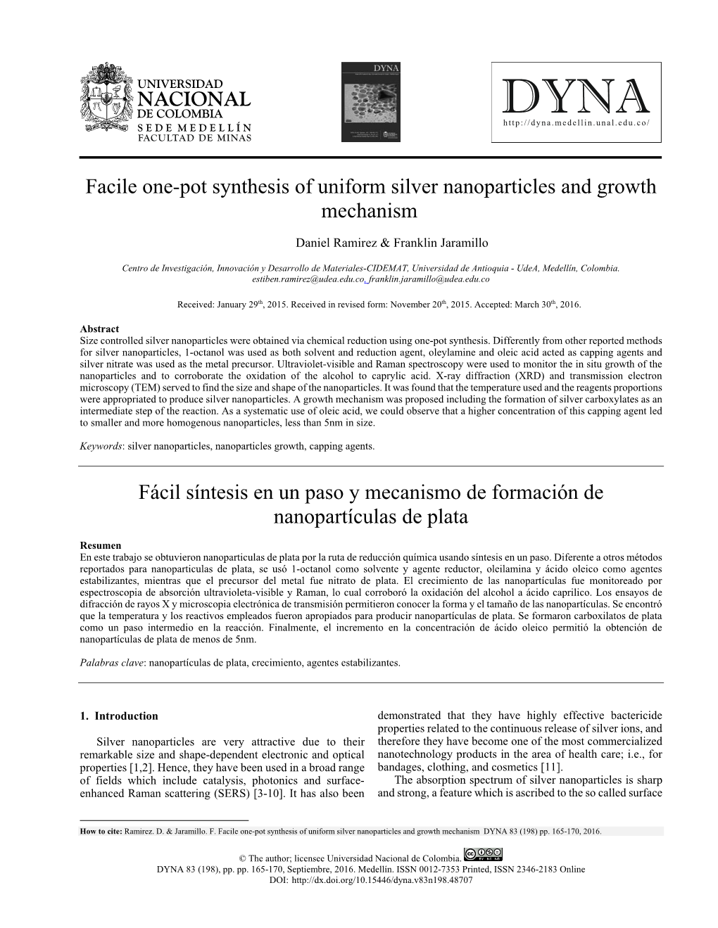 Facile One-Pot Synthesis of Uniform Silver Nanoparticles and Growth Mechanism1