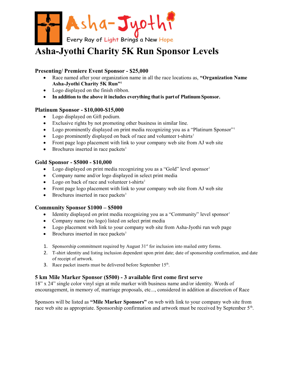 Asha-Jyothi Charity 5K Run Sponsor Levels