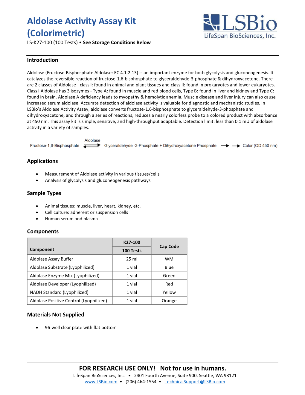 Aldolase Activity Assay Kit (Colorimetric) LS-K27-100 (100 Tests) • See Storage Conditions Below