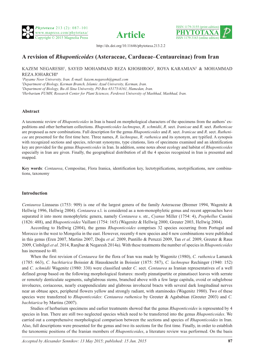 A Revision of Rhaponticoides (Asteraceae, Cardueae–Centaureinae) from Iran