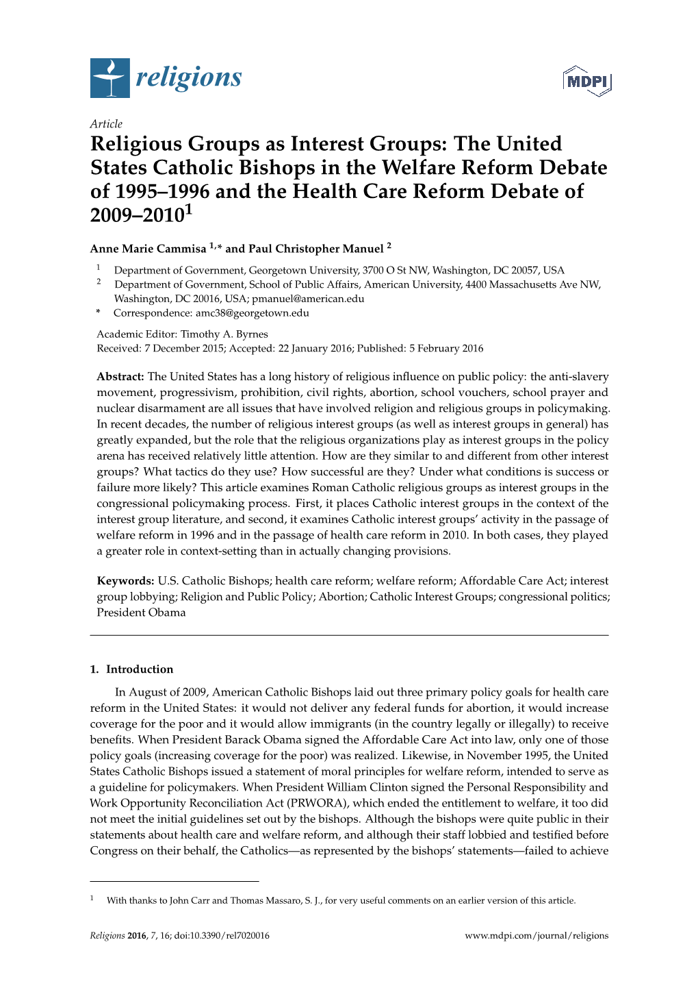Religious Groups As Interest Groups: the United States Catholic Bishops in the Welfare Reform Debate of 1995–1996 and the Health Care Reform Debate of 2009–20101