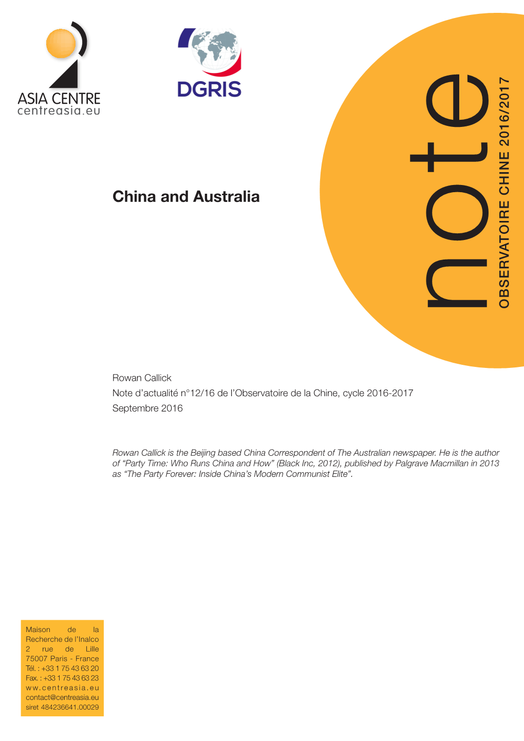 China and Australia OBSERVATOIRE CHINE 2016/2017 OBSERVATOIRE Note