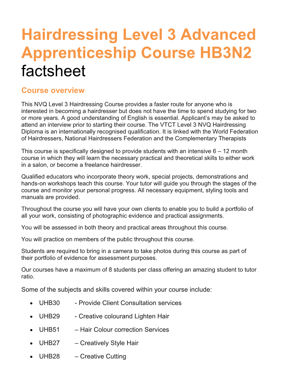 Hairdressing Level 3 Advanced Apprenticeship Course HB3N2 Factsheet