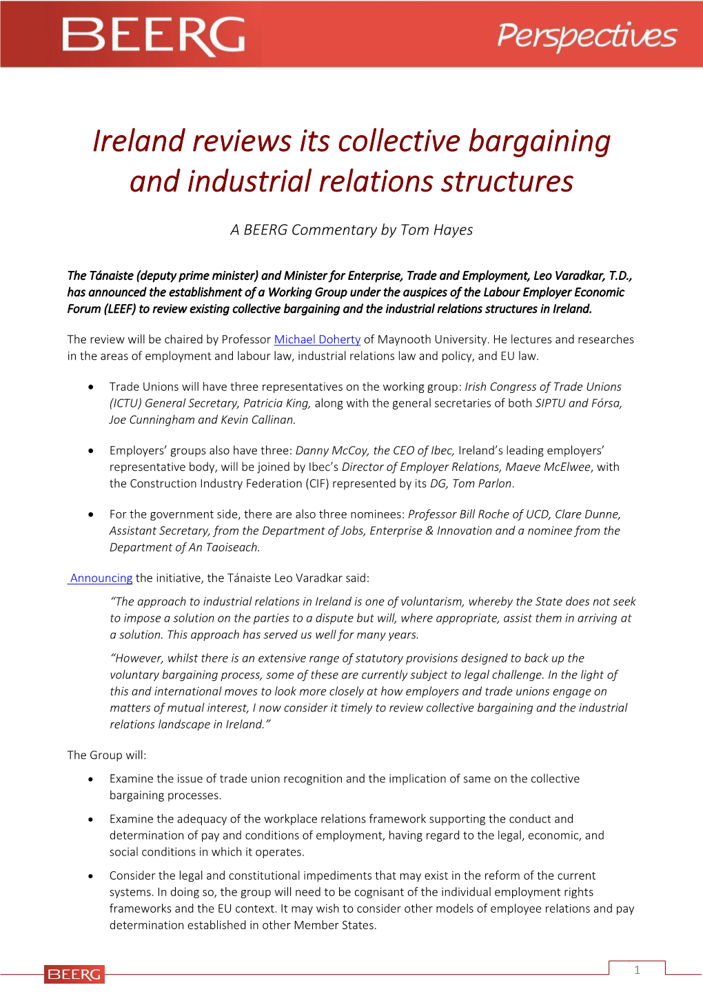 Ireland Reviews Its Collective Bargaining and Industrial Relations Structures