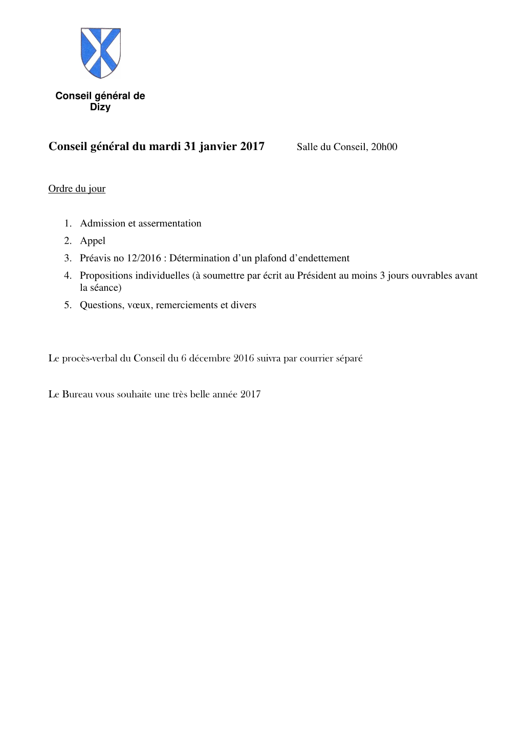 Conseil Général Du Mardi 31 Janvier 2017 Salle Du Conseil, 20H00