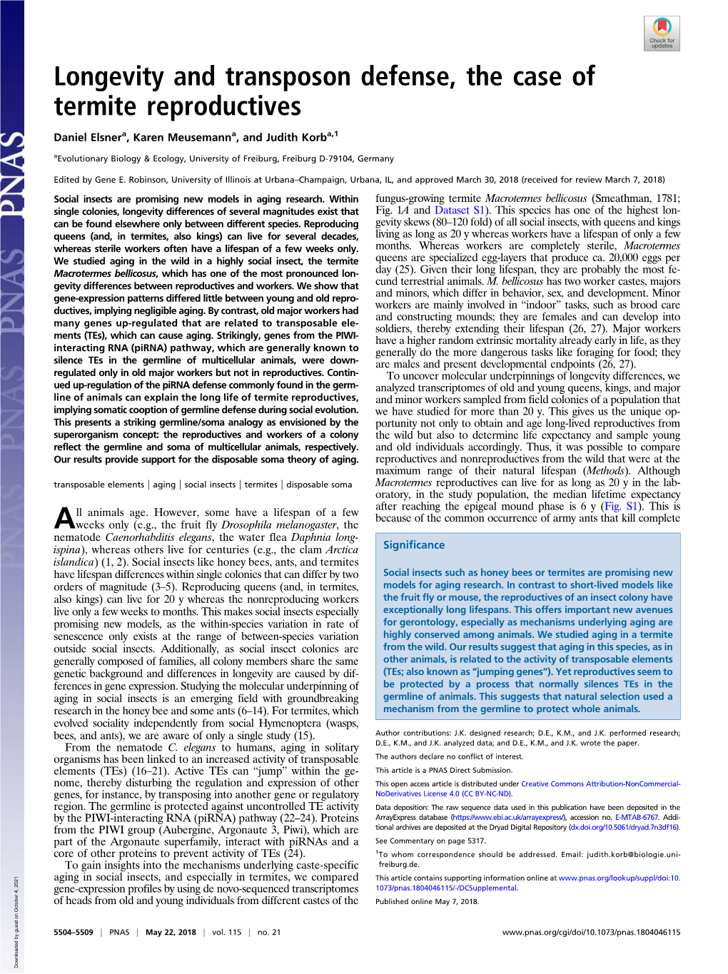 Longevity and Transposon Defense, the Case of Termite Reproductives