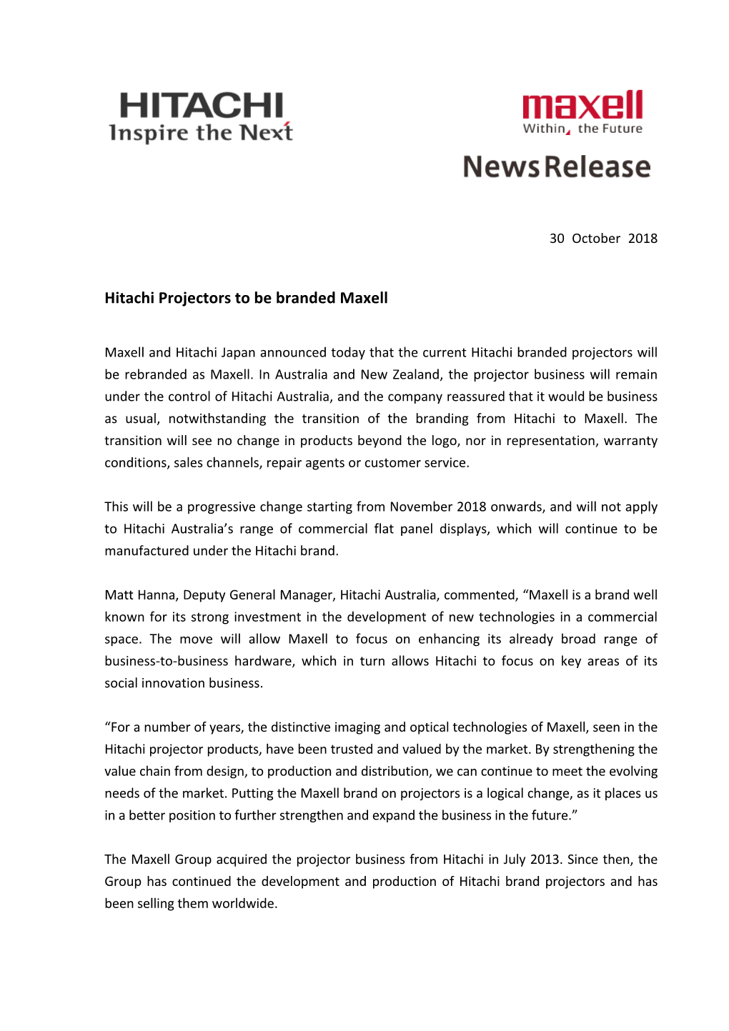 Hitachi Projectors to Be Branded Maxell