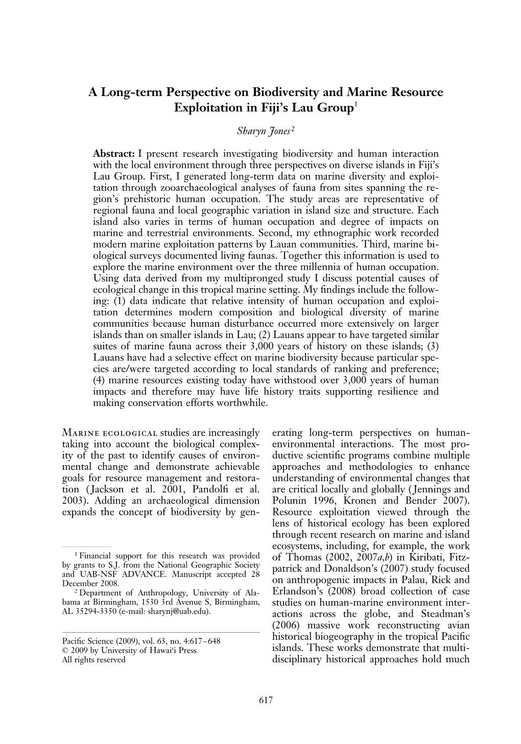 A Long-Term Perspective on Biodiversity and Marine Resource Exploitation in Fiji’S Lau Group1