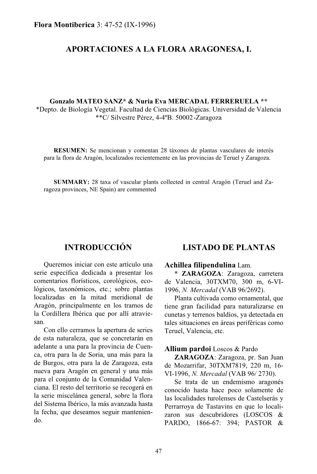 Aportaciones a La Flora Aragonesa, I. Introducción Listado De Plantas