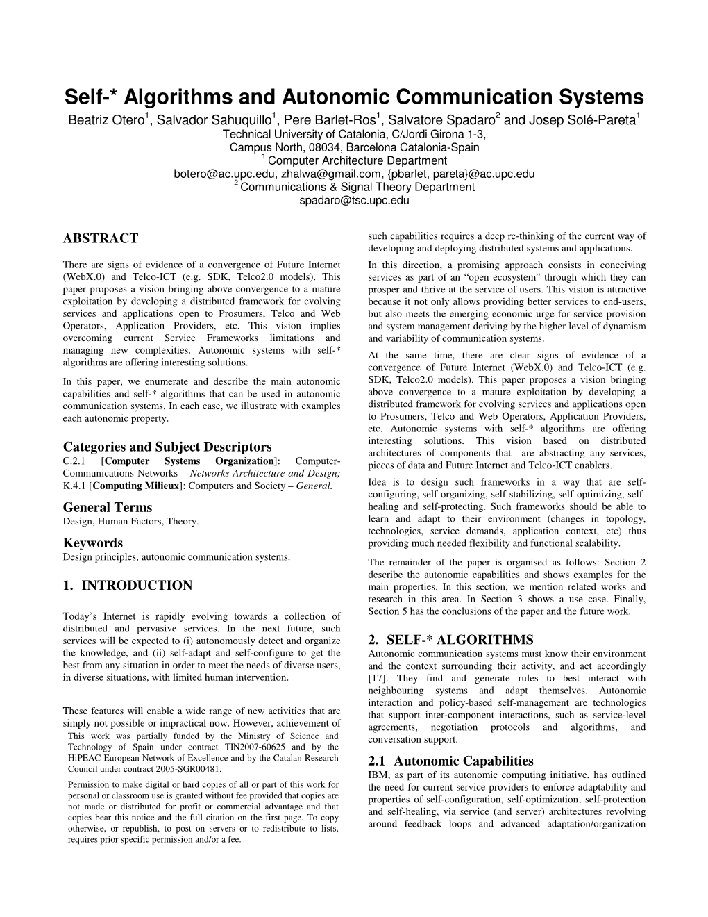 Self-* Algorithms and Autonomic Communication Systems