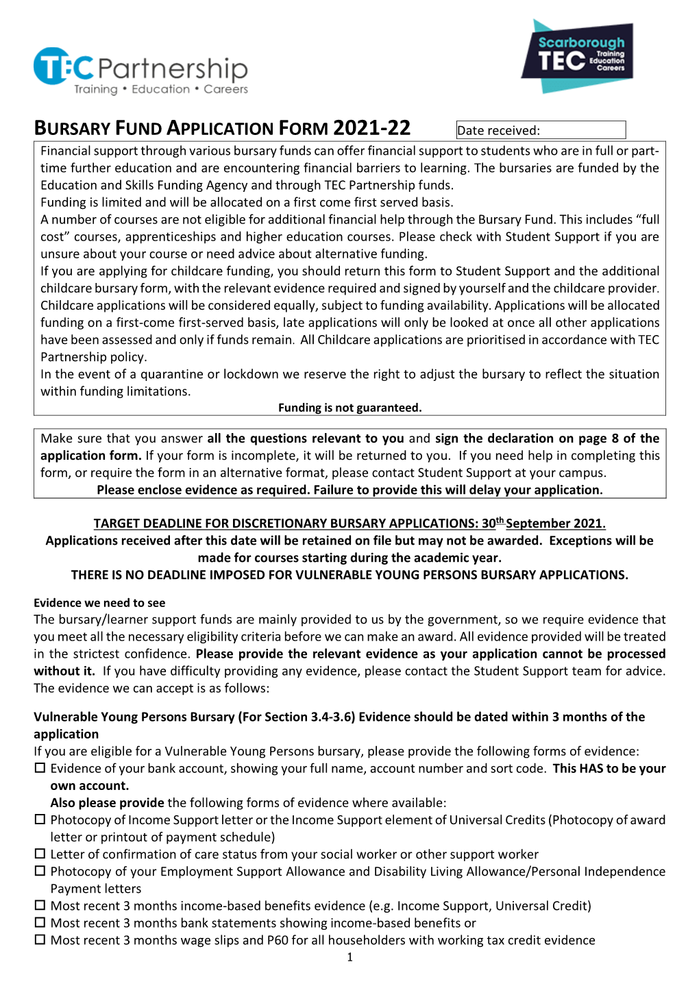 Bursary Fund Application Form 2021-22