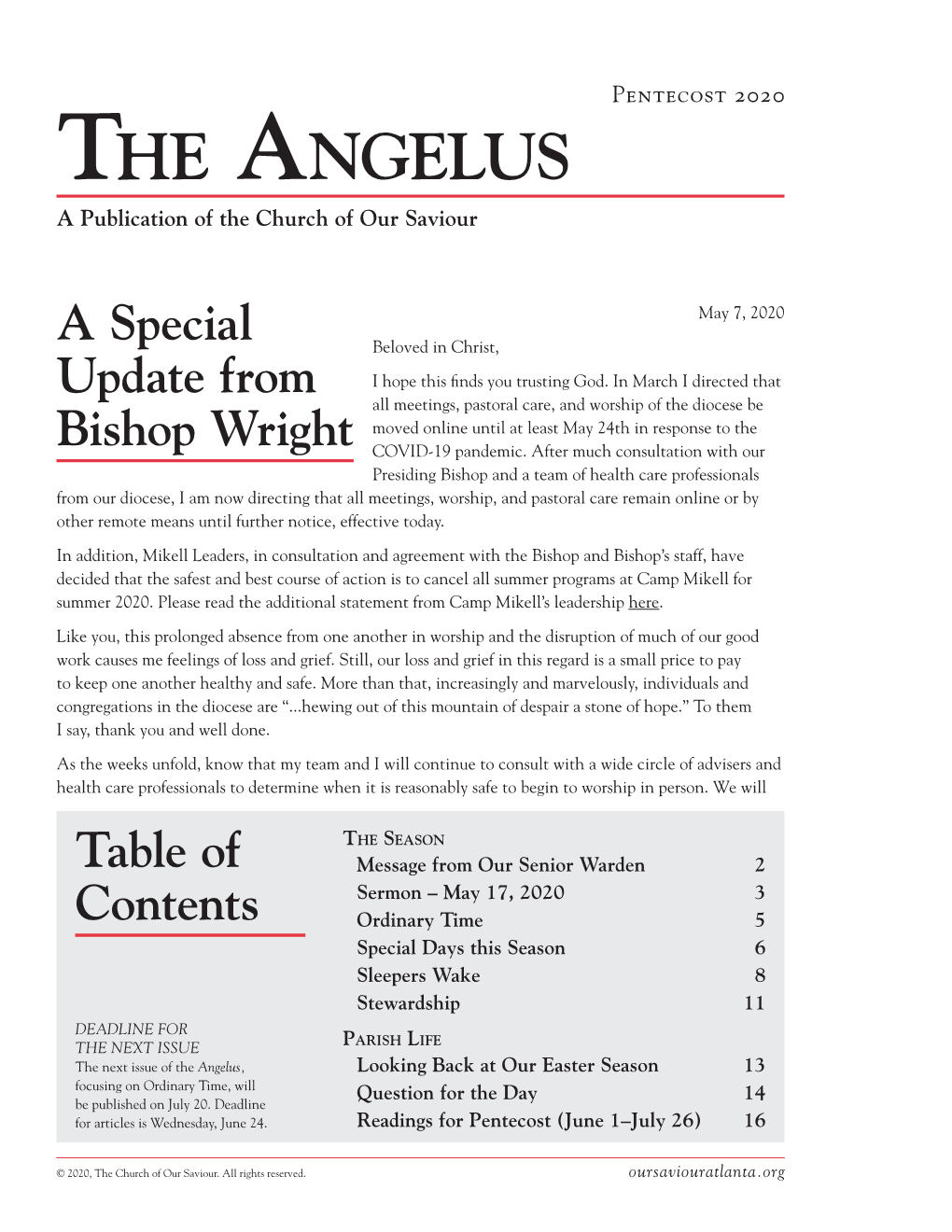 Pentecost 2020 the Angelus a Publication of the Church of Our Saviour