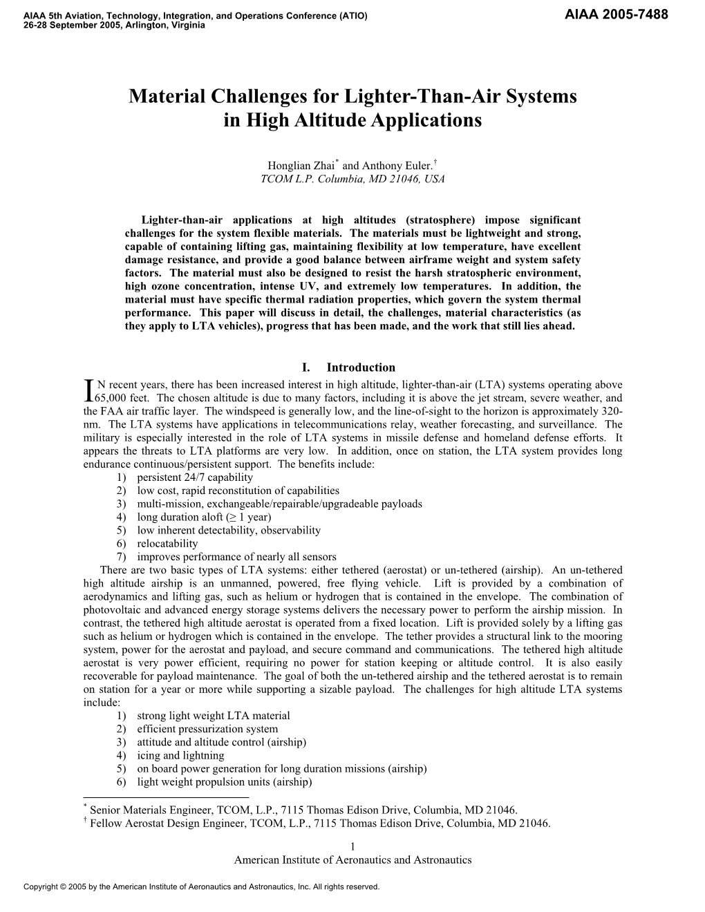 Material Challenges for Lighter-Than-Air Systems in High Altitude Applications